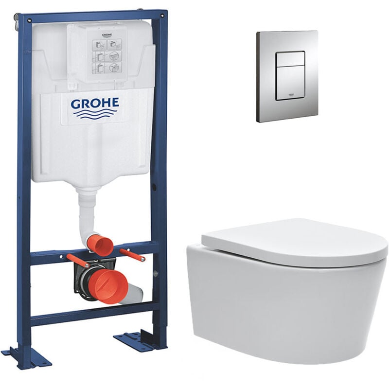 Pack wc bâti-autoportant Rapid sl + wc sat rimless fixations invisibles + Abattant softclose + Plaque chrome - Grohe