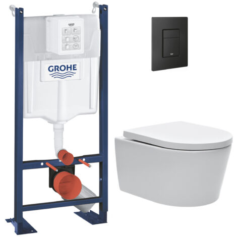 Grohe – Pack WC bâti autoportant Rapid SL – WC suspendu sans bride – Plaque de commande double touche noir mat – Installation rapide et facile