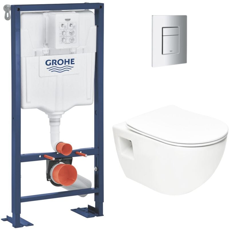 Pack wc Bâti Autoportant Solido + wc sans bride sat + Abattant SoftClose + Plaque Chrome (AUTOPORTANT-PROJECT-1) - Grohe