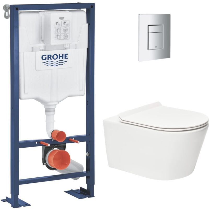 Grohe - Pack wc Bâti autoportant Solido + wc sans bride sat Brevis + Abattant ultra-fin softclose + Plaque chrome (AUTOPORTANT-BREVIS-1)