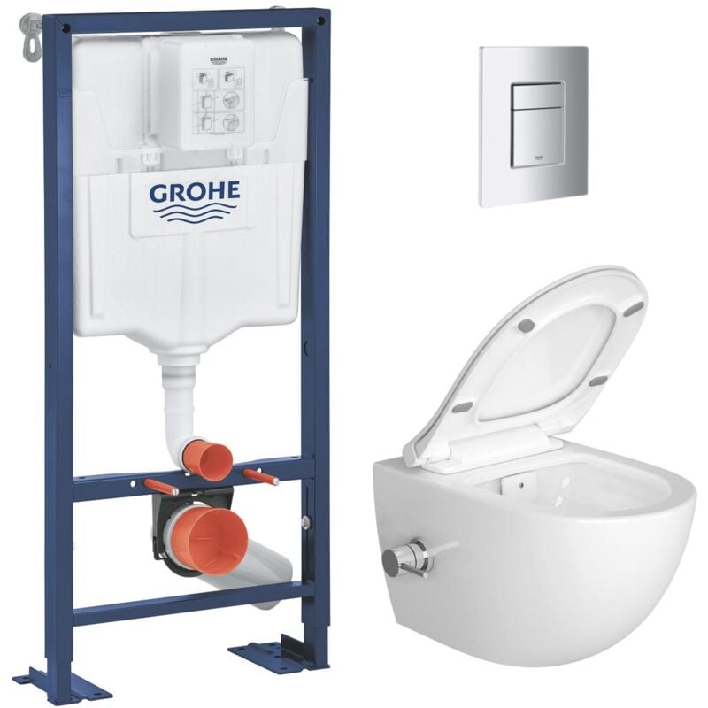 Pack wc Bâti autoportant Solido + wc sans bride sat fonction bidet thermostatique + Plaque chrome (AUTOPORTANT-SATCLEAN-1) - Grohe