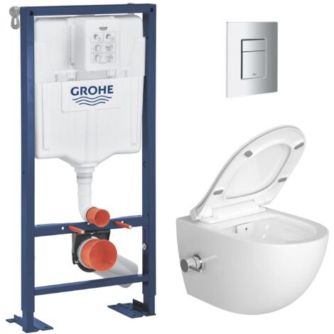 Grohe Pack WC Bâti autoportant Solido + WC sans bride SAT fonction bidet thermostatique + Plaque chrome (AUTOPORTANT-SATCLEAN-1)