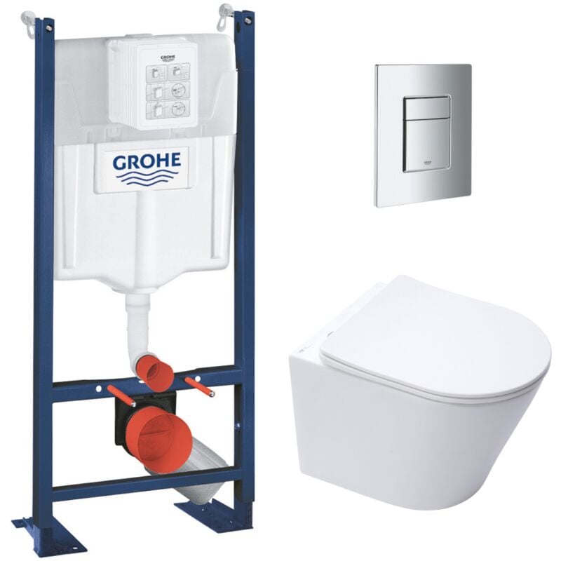 Pack wc Bâti autoportant + wc blanc mat sans bride Infinitio + Abattant frein de chute + Plaque chrome, ProjectInfinitioMat-1 - Grohe