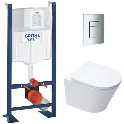 Grohe Pack WC Bâti autoportant + WC blanc mat sans bride Infinitio + Abattant frein de chute + Plaque chrome, ProjectInfinitioMat-1