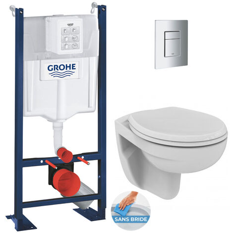 Grohe Pack WC Bâti autoportant + WC Porcher rimless + Abattant + Plaque chrome mat (ProjectPorcher-5)