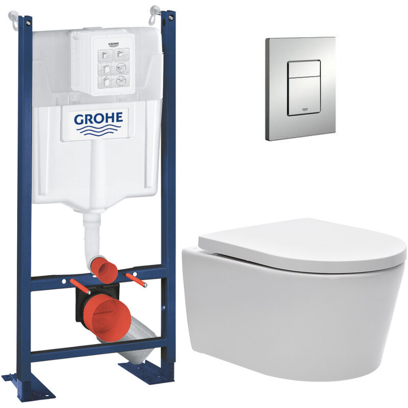 Pack wc Bâti autoportant + wc sans bride sat + Abattant softclose + Plaque chrome mat (ProjectSATrimless-5) - Grohe