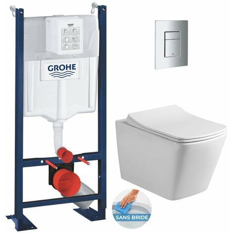 Grohe Pack WC Bâti autoportant + WC sans bride SAT Infinitio Design + Abattant softclose + Plaque chrome mat