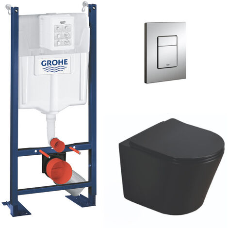 Grohe – Pack WC bâti autoportant – WC suspendu Infinitio noir mat sans bride – Abattant frein de chute – Plaque chrome – Installation rapide