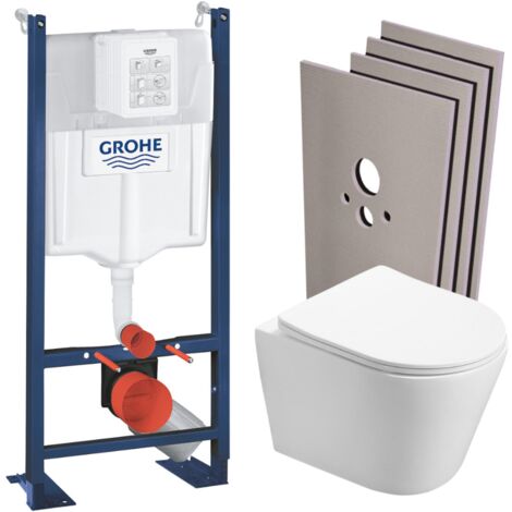 Grohe – Pack WC bâti autoportant – WC suspendu sans bride Swiss Aqua Technologies – Abattant frein de chute – Plaque de commande chromée – Set habillage Jackoboard