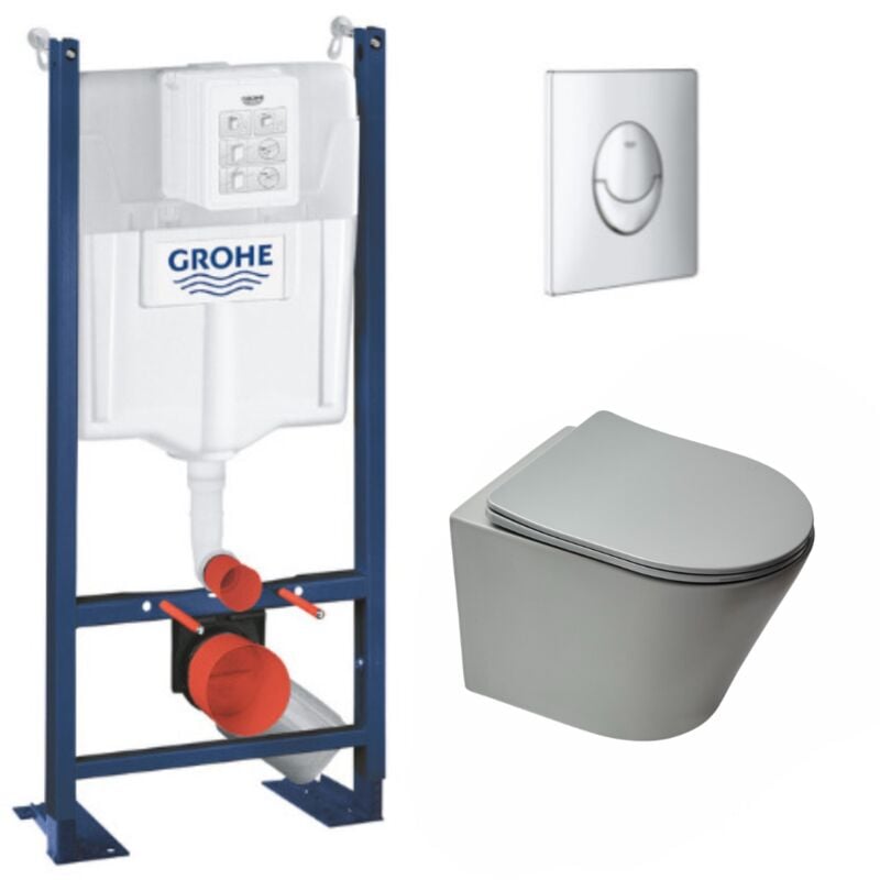 Pack wc Bâti autoportant + wc suspendu Swiss Aqua Technologies GreyInfinitio sans bride + Abattant softclose + Plaque Chrome - Grohe