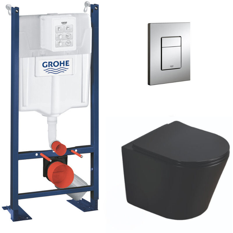 Pack wc Bâti autoportant + wc Swiss Aqua Technologies Infinitio noir sans bride + Plaque chrome (ProjectBlackInfinitio-1) - Grohe