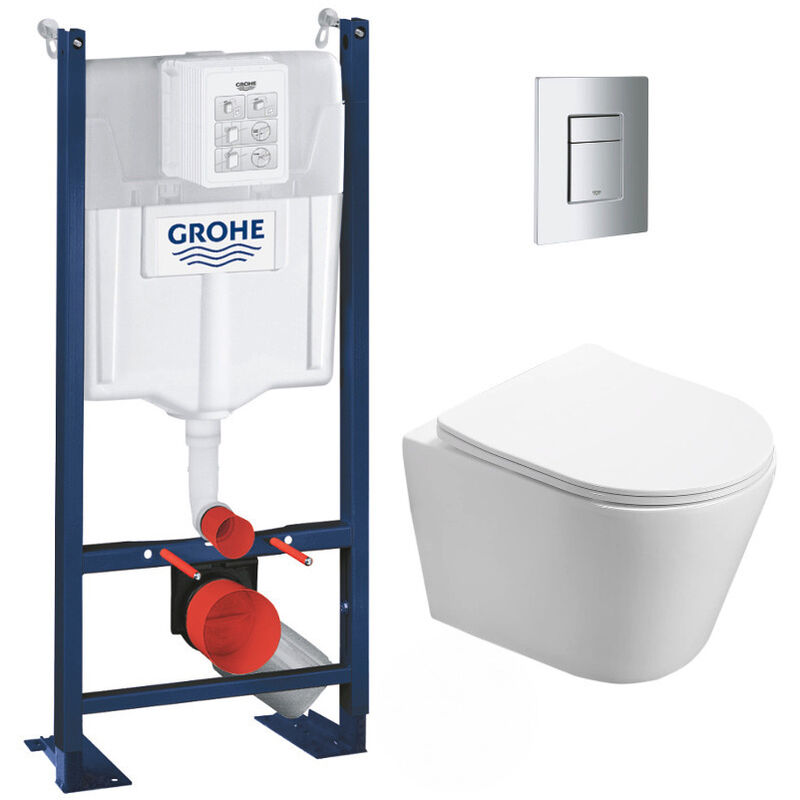 Grohe - Pack wc Bâti autoportant + wc Swiss Aqua Technologies Infinitio sans bride + Plaque chrome (ProjectInfinitio-1)