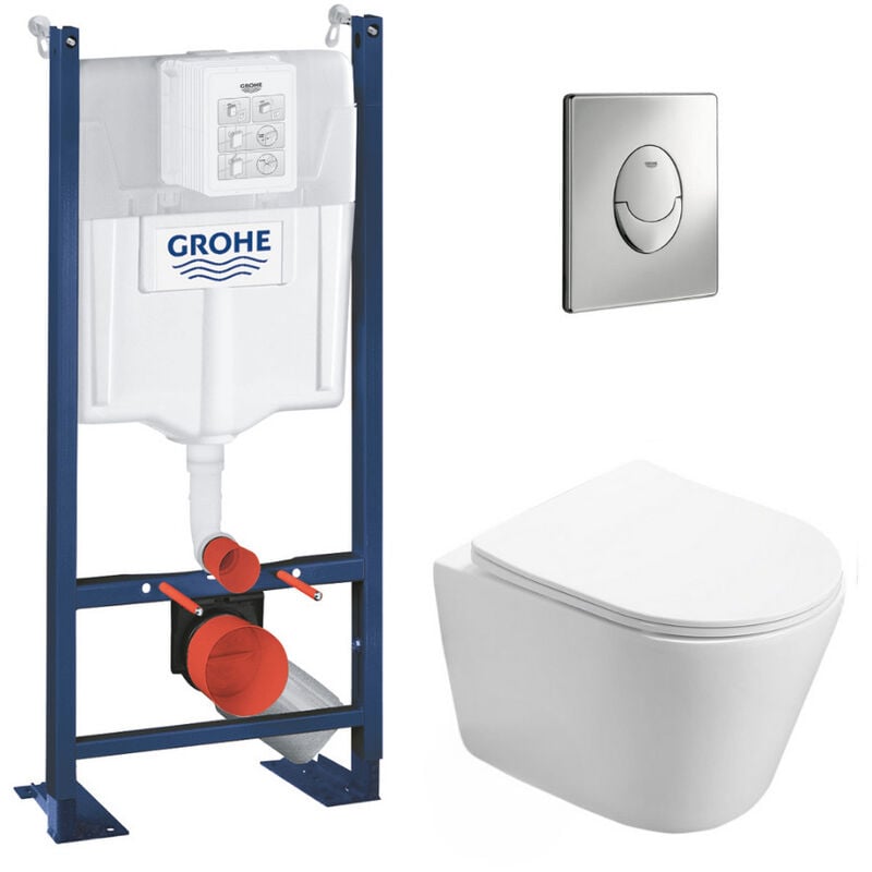 Grohe - Pack wc Bâti autoportant + wc Swiss Aqua Technologies Infinitio sans bride + Plaque chrome (ProjectInfinitio-2)