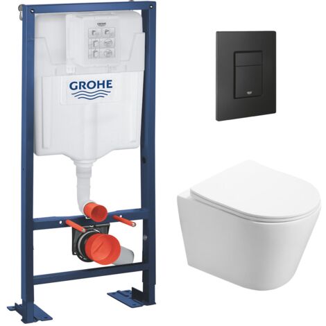 Grohe Pack WC Bâti autoportant + WC Swiss Aqua Technologies Infinitio sans bride + Plaque noir mat (Autoportant-Infinitio-KF0)