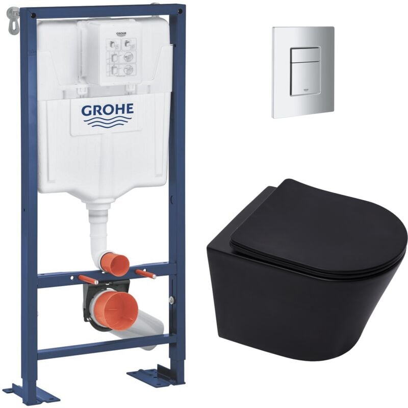 Pack wc Bâti Solido + wc sans bride sat Noir mat + Abattant frein de chute + Plaque chrome (AUTOPORTANT-BLACKINFINITIO-1) - Grohe