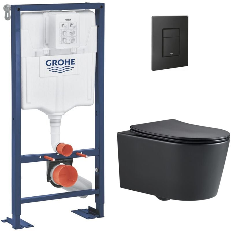 Pack wc Bâti Solido + wc sans bride sat Noir mat + Abattant frein de chute + Plaque noir mat - Grohe