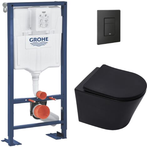 Grohe Pack WC Bâti Solido + WC sans bride SAT Noir mat + Abattant frein de chute + Plaque noir mat (AUTOPORTANT-BLACKINFINITIO-KF0)