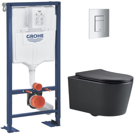 Grohe Pack WC Bâti Solido + WC sans bride SAT Noir mat + Plaque chrome (AUTOPORTANT-BLACKSAT-1)