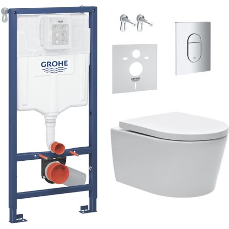 Grohe – Pack WC bâti support 113cm ARENASAT – Cuvette sans bride avec fixations invisibles – Abattant softclose – Plaque chrome