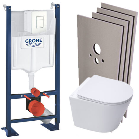 Grohe – Pack WC bâti-support autoportant – Cuvette suspendue sans bride – Abattant frein de chute – Plaque de commande blanche – Set habillage