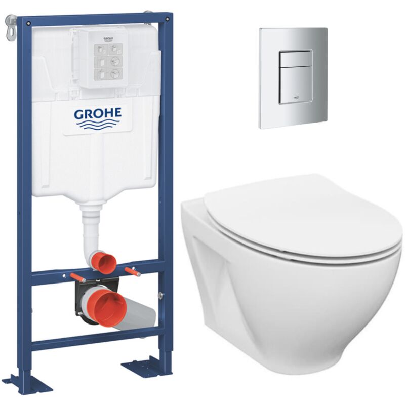 Pack wc Bâti-support autoportant Rapid sl + Cuvette sans bride Cersanit + Abattant SoftClose + Plaque chromé mat (PROMODUO5SP) - Grohe