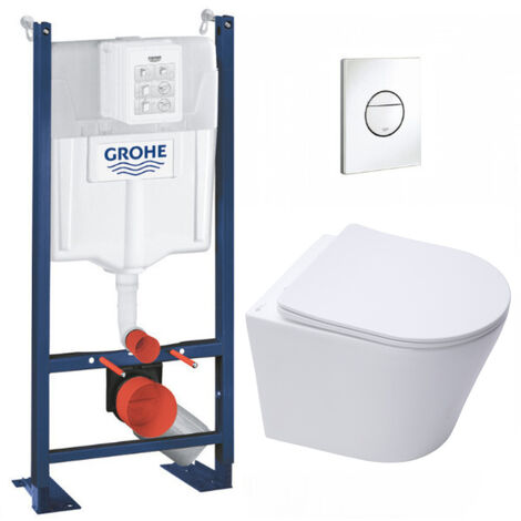 Grohe Pack WC Bâti-support autoportant + WC sans bride SAT Infinitio + Abattant softclose + Plaque blanc alpin (ProjectInfinitio-6)