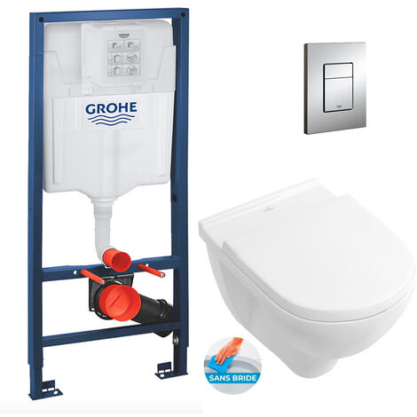 Grohe Pack WC Bâti-support + Cuvette à fond creux sans bride O.novo + abattant softclose + Plaque Chrome (RapidSL-O.Novorimless-1)