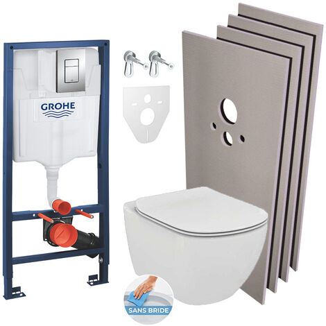 Grohe Pack WC Bâti-support + Cuvette Ideal Standard Tesi Aquablade rimless + Plaque chrome + Set habillage (HGROHEAQUA-SET)