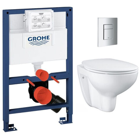 Grohe Pack WC Bâti-support Rapid SL + Cuvette Bau sans bride + Abattant SoftClose + Plaque Chrome (RapidSL082-Bau-1)