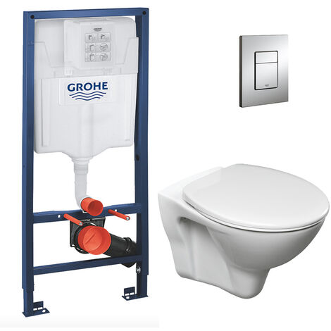 Grohe Pack WC Bâti-support Rapid SL + Cuvette suspendue Cersanit S-line + Abattant + Plaque Chrome (GROHE-S-LinePro-1)