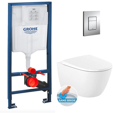 Grohe Pack WC Bâti-support Rapid SL + Cuvette suspendue Roca + Abattant softclose+ Plaque Chrome (RapidSL-Ona-1)