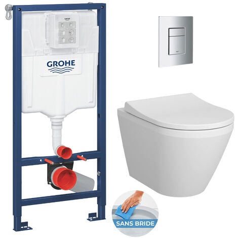 Grohe Pack WC Bâti-support Rapid SL + Vitra Integra WC sans bride + abattant soft close + Plaque de commande WC Skate Cosmopolitan