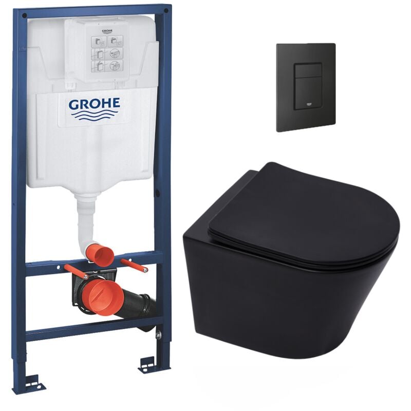 Grohe Pack WC Bâti-support Rapid SL + WC Infinitio sans bride noir mat + Abattant softclose + Plaque noire mat
