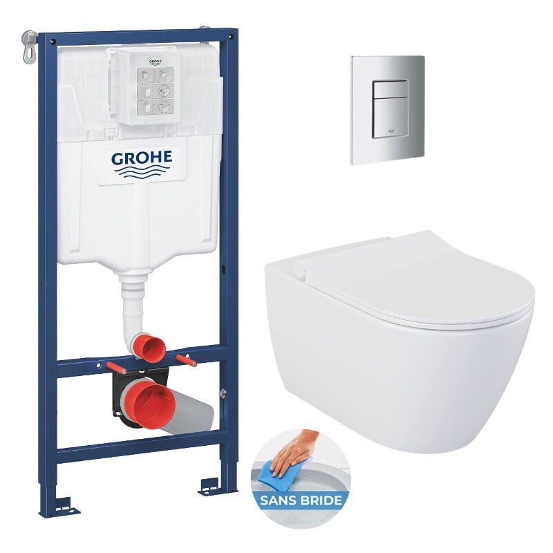Grohe Pack WC Bâti support Rapid SL + WC sans bride Bello + Abattant softclose + Plaque chrome mat (RapidSL-Bello-5)