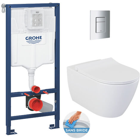 Grohe Pack WC Bâti support Rapid SL + WC sans bride Bello + Abattant softclose + Plaque chrome mat (RapidSL-Bello-5)