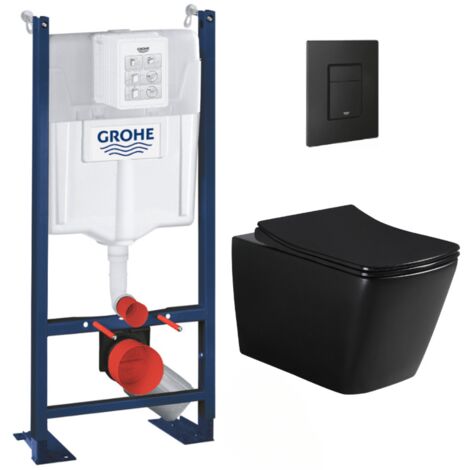 Grohe Pack WC Bâti-support Rapid SL + WC sans bride Infinitio Design, Noir mat + Abattant softclose + Plaque Noire mat