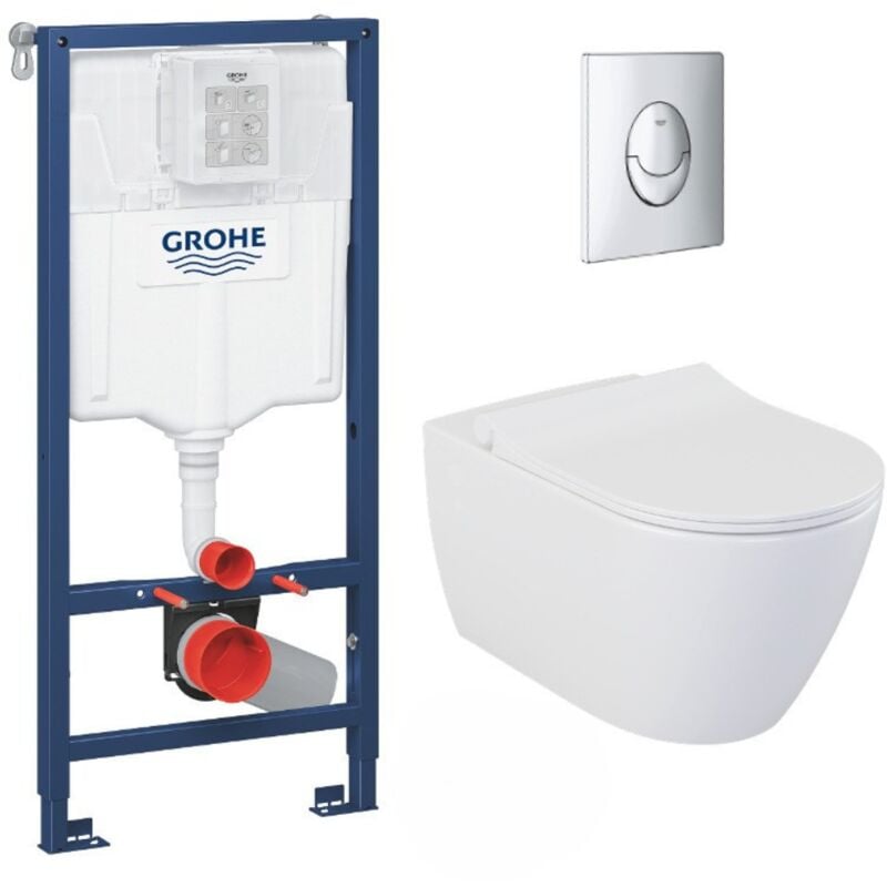 Pack wc Bâti-support Rapid sl + wc sans bride livea Bello + Abattant softclose + Plaque Chrome (RapidSL-Bello-2) - Grohe