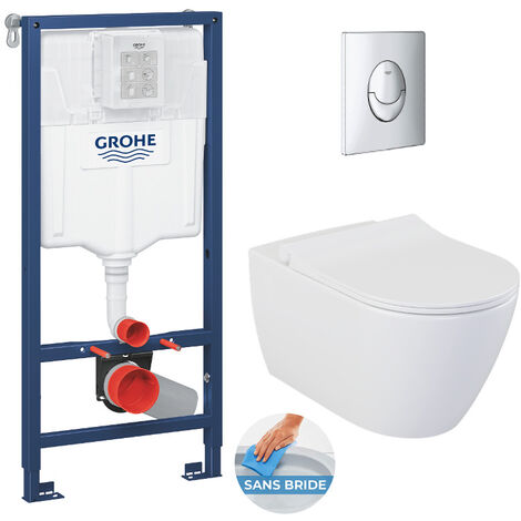 Grohe Pack WC Bâti-support Rapid SL + WC sans bride LIVEA Bello + Abattant softclose + Plaque Chrome (RapidSL-Bello-2)
