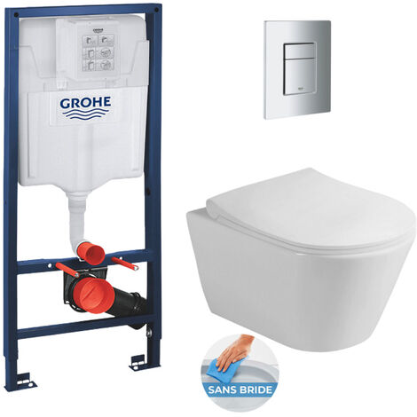 Grohe Pack WC Bâti support Rapid SL + WC sans bride Lucco Asvva + Abattant softclose + Plaque chrome mat (RapidSL-Avva-5)
