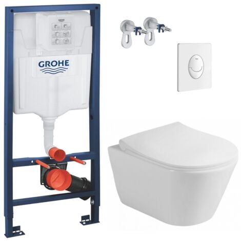 Grohe Pack WC Bâti-support Rapid SL + WC sans bride Lucco Avva + Abattant softclose + Plaque blanche (RapidSL-Avva-3)