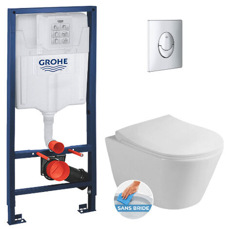 Grohe Pack WC Bâti-support Rapid SL + WC sans bride Lucco Avva + Abattant softclose + Plaque chrome (RapidSL-Avva-2)