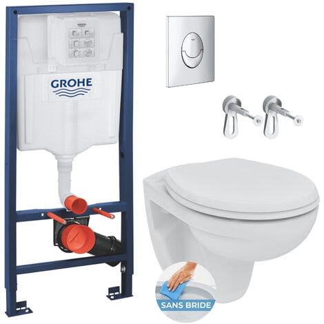 Grohe Pack WC Bâti-support Rapid SL + WC sans bride Porcher avec abattant + Plaque chrome (RapidSL-Porcher-2)