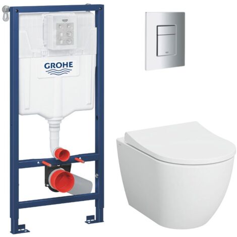 Grohe Pack WC Bâti-support Rapid SL + WC sans bride Vitra S60 + Abattant SoftClose + Plaque chrome (RapidSL-S60-1)