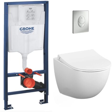 Grohe Pack WC Bâti-support Rapid SL + WC sans bride Vitra Sento + Abattant softclose + Plaque Chrome mat (GROHE-Sentorimless-7)