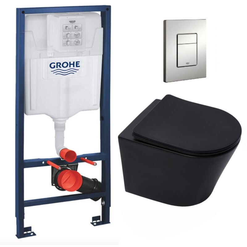 Pack wc Bâti-support Rapid sl + wc sat Infinitio noire mat + Abattant frein de chute + Plaque Chrome Mat - Grohe