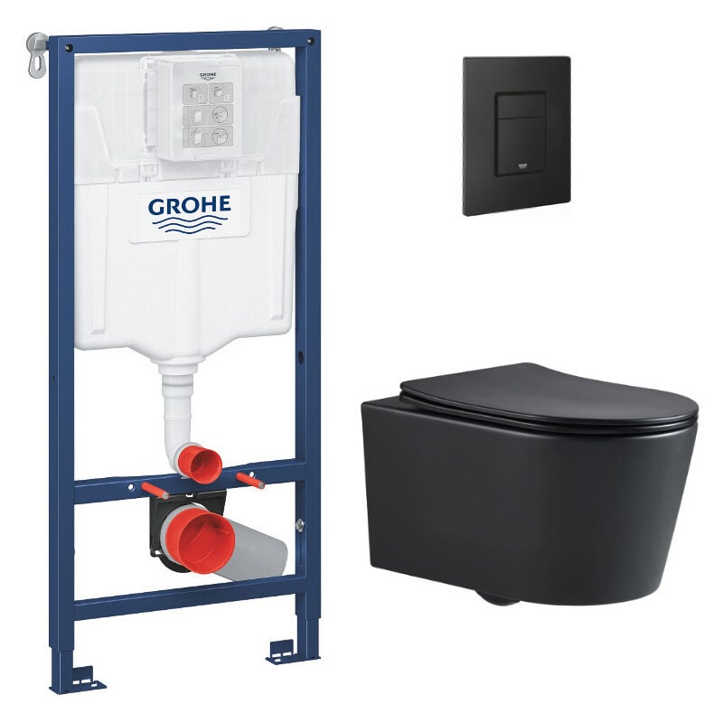 Pack wc Bâti-support + wc Swiss Aqua Technologies sans bride + Abattant softclose + Plaque (RapidSL-BlackSATrimless-KF0) - Grohe
