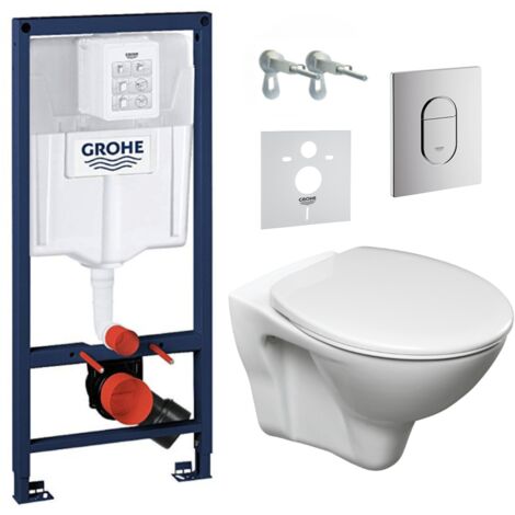 Grohe Pack WC Bâti-support Rapid SL + WC suspendu Cersanit S-line Pro + Abattant + Plaque chrome (ARENASLPRO)