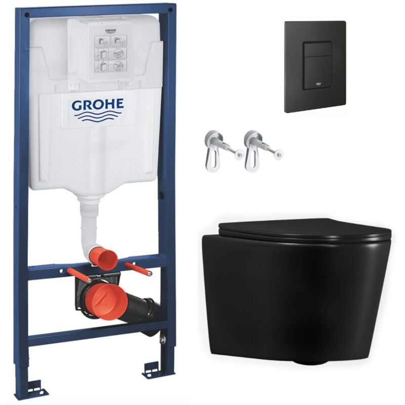 Pack wc bâti-support Rapid sl + wc suspendu sans bride Ceramia + abattant SoftClose + plaque noire mat (RSLBLCETORKF0) - Grohe
