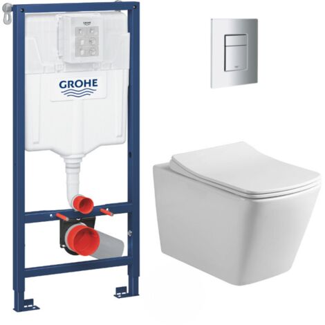 Grohe – Pack WC bâti-support sans bride Infinitio Design – Abattant softclose – Plaque chrome – Cuvette céramique avec fixations invisibles