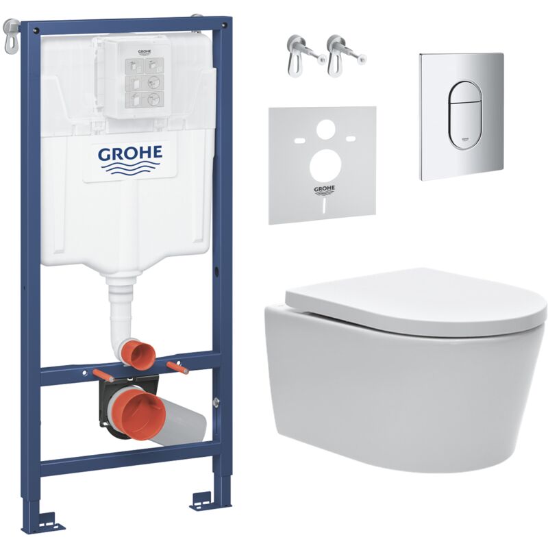 Pack wc bâti support Solido 113cm + Cuvette sat rimless fixations invisibles + Abattant softclose + Plaque chrome (arenasatfs) - Grohe